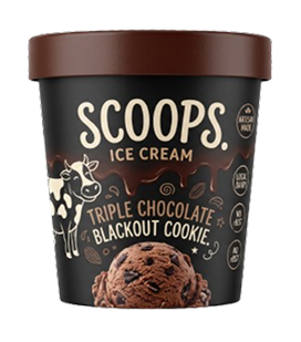 Scoops brand ice cream pint of Triple Chocolate Blackout Cookie with chocolate drip packaging design.
