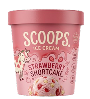 Scoops brand ice cream pint of Strawberry Shortcake with pink cow-print packaging design.