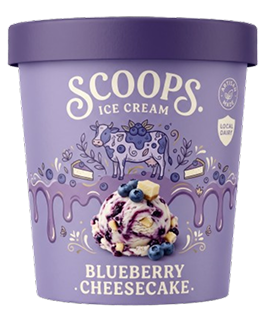 Scoops brand ice cream pint of Blueberry Cheesecake with purple packaging and a scoop shown on the lid.
